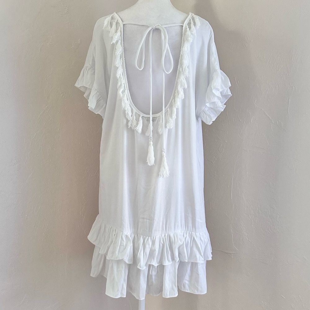 Mulla Open Back Fringe White Boho Ruffle Hem Dress Size S - Picture 3 of 11